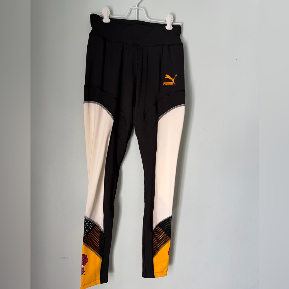 Puma Women’s Small Floral Mesh Leggings | Black Yellow Colorblock